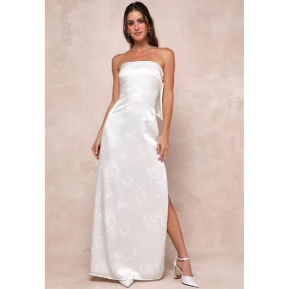 Lulu's Women's Strapless Bow Back Satin Jacquard Maxi Dress White Size S NWOT